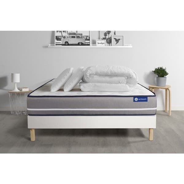 Ensemble sängram madrass 140x200 Actilatex ren latex och minnesskum - 20 cm - Fast - sängram kit Vit + 2 kuddar + täcke