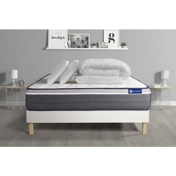 Sängset madrass 140x190 Actimemo plus minnesskum - 26 cm - Mycket fast - vit sängram + 2 kuddar + täcke