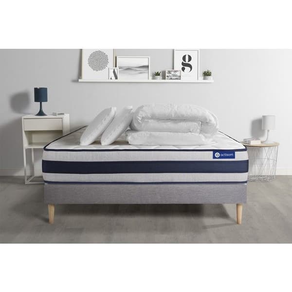 Sängset madrass 180x200 Actilatex ergo - 24 cm - Fast - grå sängram + 2 kuddar + täcke
