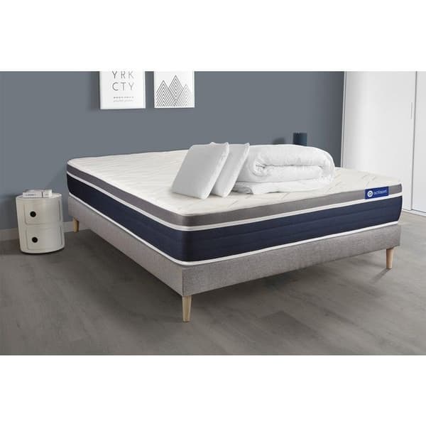 Ensemble sängbotten madrass 160x200 Actiflex komfort - 26 cm - Medium-fast - sängbotten kit grå + 2 kuddar + täcke