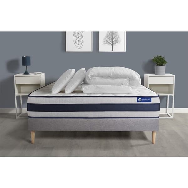 Ensemble sängbotten madrass 200x200 Actiflex ergo - 24 cm - Fast - sängbotten kit grå + 2 kuddar + pläd