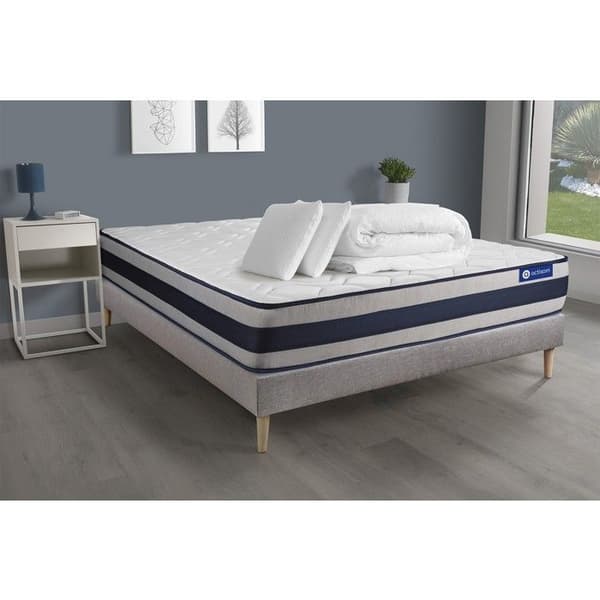 Ensemble sängbotten madrass 200x200 Actiflex ergo - 24 cm - Fast - sängbotten kit grå + 2 kuddar + pläd