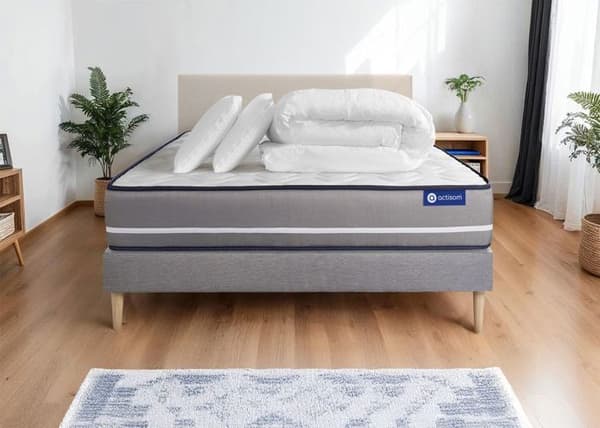 Ensemble sängram madrass 200x200 Actiflex pur - 20 cm - Fast - sängram kit grå + 2 kuddar + täcke
