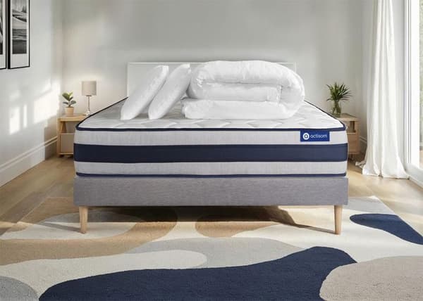 Sängsäng tillsammans med 200x200 Actilatex ergo madrass - 24 cm - Fast - grå sängsängsats + 2 kuddar + täcke