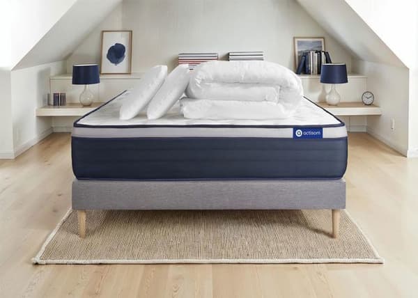 Sängkläder set madrass 160x200 Actimemo max - 26 cm - Fast - sängbotten kit grå + 2 kuddar + täcke