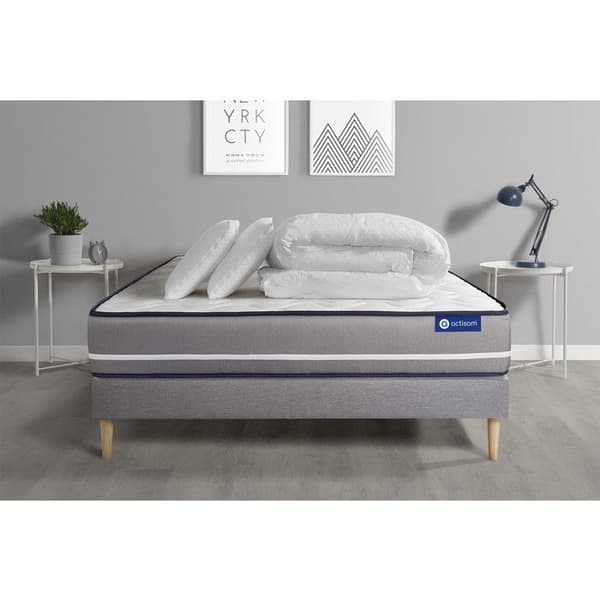 Sängset med madrass 200x200 Actimemo pur - 20 cm - Fast - grå sänggavel + 2 kuddar + täcke