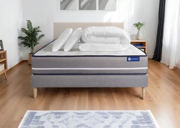 Sängset med madrass 200x200 Actimemo pur - 20 cm - Fast - grå sänggavel + 2 kuddar + täcke