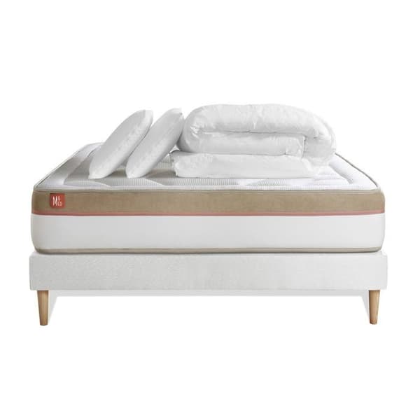 Pack madrass LE COSY 140x200cm Minimemory - Tjocklek 30cm + sängbottenkit Vit + 2 kuddar + täcke 240x220