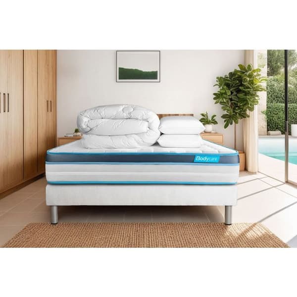 Säng- och madrassset 140x200 BodyFit Minnesskum - 24 cm - Fast - vit sängram + 2 kuddar + täcke