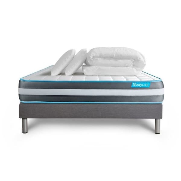 Sängset madrass 180x200 Bodyform Minnesskum - 20 cm - Fast - sängbotten kit grå + 2 kuddar + täcke