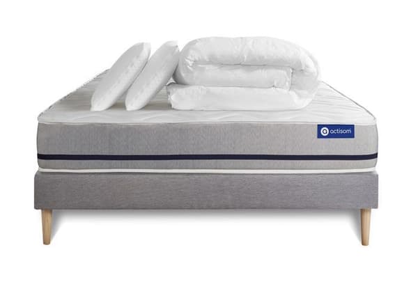 Sängset madrass 140x190 Actiflex soft - 20 cm - Medium-fast - sängram kit grå + 2 kuddar + täcke