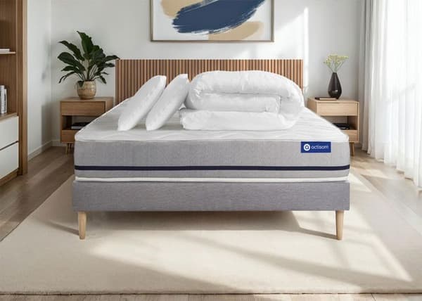 Sängset madrass 140x190 Actiflex soft - 20 cm - Medium-fast - sängram kit grå + 2 kuddar + täcke