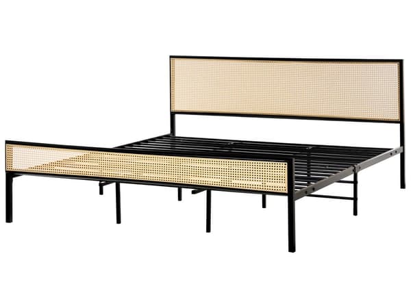 Dobbeltseng 180 x 200 cm Svart Jern Lamellramme PE Rotting Wiener Flettet Hodegjerde Moderne