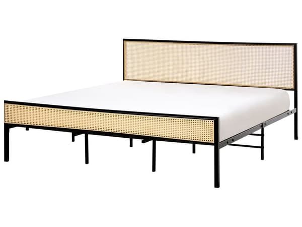 Dobbeltseng 180 x 200 cm Svart Jern Lamellramme PE Rotting Wiener Flettet Hodegjerde Moderne