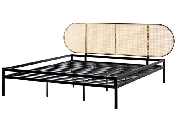 Seng Svart Metall Kunstrotting 180 x 200 cm Sengegavl med flettverk Lamellramme Moderne design Soverom Dobbeltseng