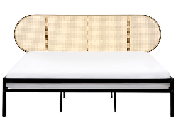 Seng Svart Metall Kunstrotting 180 x 200 cm Sengegavl med flettverk Lamellramme Moderne design Soverom Dobbeltseng