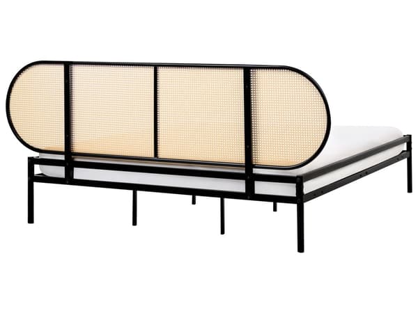 Seng Svart Metall Kunstrotting 180 x 200 cm Sengegavl med flettverk Lamellramme Moderne design Soverom Dobbeltseng