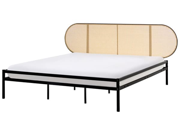 Seng Svart Metall Kunstrotting 180 x 200 cm Sengegavl med flettverk Lamellramme Moderne design Soverom Dobbeltseng