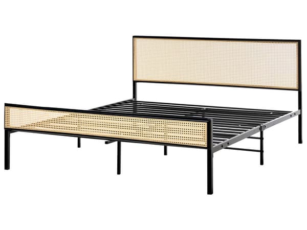 Dobbeltseng 160 x 200 cm Svart Jern Lamellramme PE Rotting Wiener Flettet Hodegjerde Moderne
