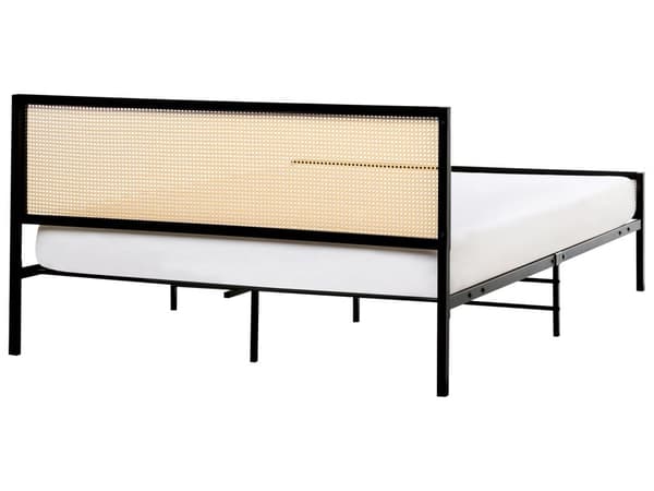 Dobbeltseng 160 x 200 cm Svart Jern Lamellramme PE Rotting Wiener Flettet Hodegjerde Moderne