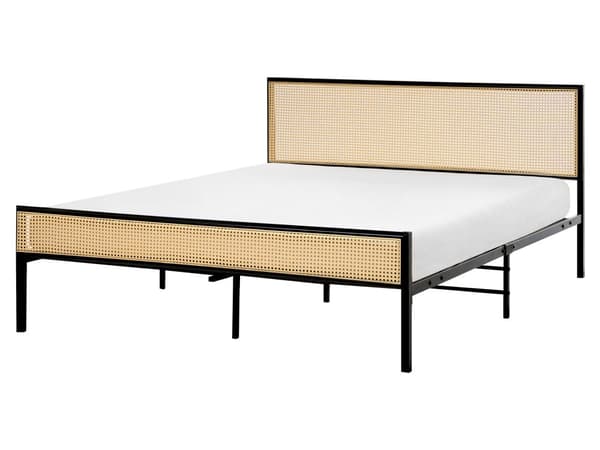 Dobbeltseng 160 x 200 cm Svart Jern Lamellramme PE Rotting Wiener Flettet Hodegjerde Moderne