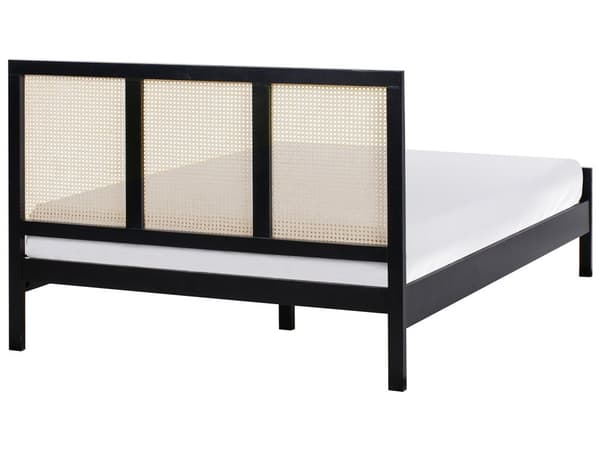 Seng Sort Træ 140 x 200 cm Moderne Trekvart Seng med Sengegavl Halvandenmandsseng Høj Sengeramme Minimalistisk Design Træseng