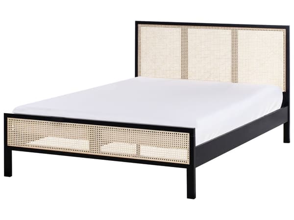 Seng Sort Træ 140 x 200 cm Moderne Trekvart Seng med Sengegavl Halvandenmandsseng Høj Sengeramme Minimalistisk Design Træseng
