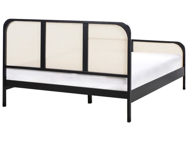 Seng Sort Træ 160 x 200 cm Moderne Dobbeltseng med Sengegavl To Mands Høj Sengeramme Minimalistisk Design Træseng