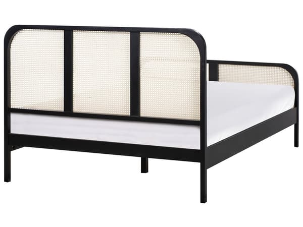 Seng Sort Træ 140 x 200 cm Moderne Trekvart Seng med Sengegavl Halvandenmandsseng Høj Sengeramme Minimalistisk Design Træseng