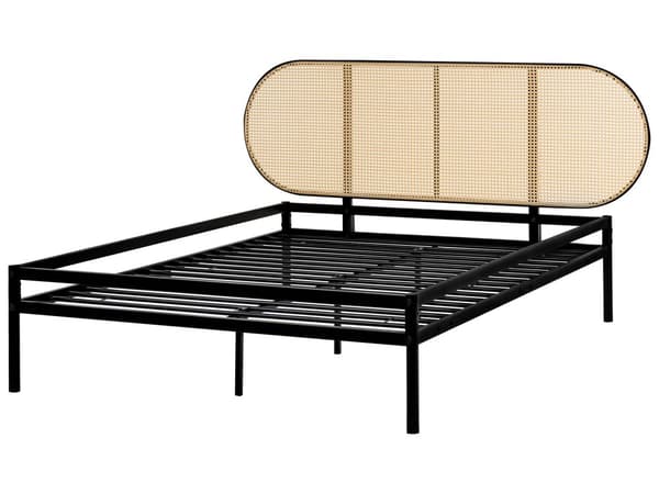 Seng Sort Metal 140 x 200 cm Moderne Trekvart Seng med Sengegavl Halvandenmandsseng Høj Sengeramme Minimalistisk Design Metalseng