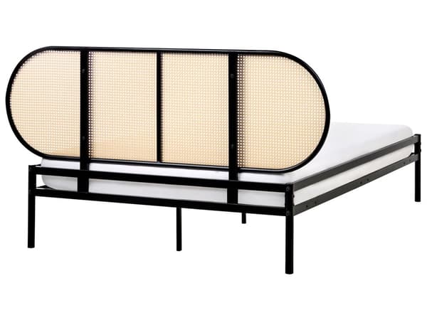Seng Sort Metal 140 x 200 cm Moderne Trekvart Seng med Sengegavl Halvandenmandsseng Høj Sengeramme Minimalistisk Design Metalseng