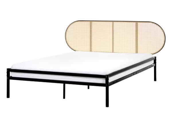 Seng Sort Metal 140 x 200 cm Moderne Trekvart Seng med Sengegavl Halvandenmandsseng Høj Sengeramme Minimalistisk Design Metalseng