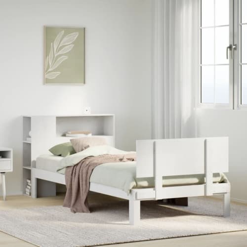 Säng med bokhylla utan madrass vit 75x190cm massiv furu