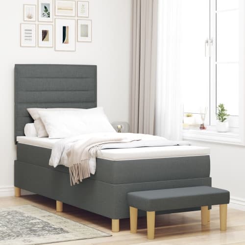 Boxspring Säng med Madrass & Bänk Mörkgrå 90x200 cm Tyg