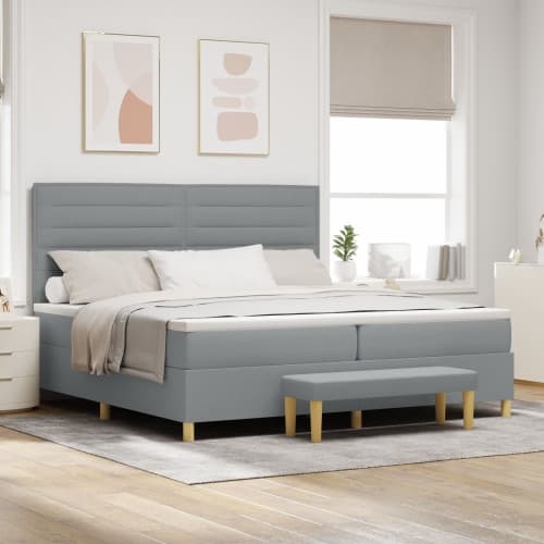 Boxspring Säng med Madrass och Bänk Ljusgrå 200x200 cm Tyg