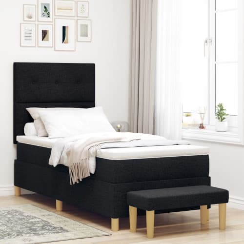 Box Spring Säng med Madrass & Bänk Svart 90x200 cm Tyg