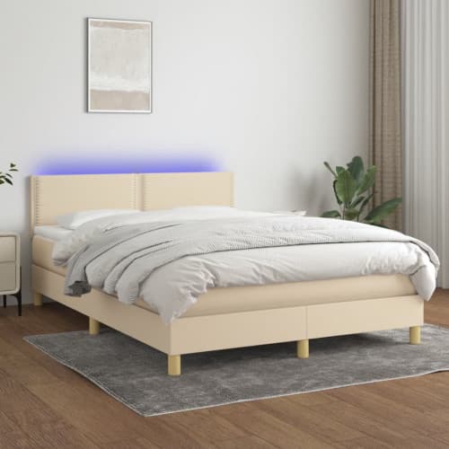 Ramsäng med madrass & LED gräddvit 140x200 cm tyg