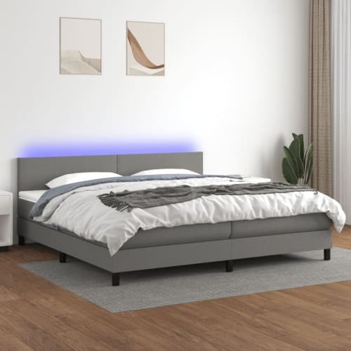 Ramsäng med madrass & LED mörkgrå 200x200 cm tyg