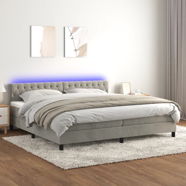 Ramsäng med madrass & LED ljusgrå 200x200 cm sammet