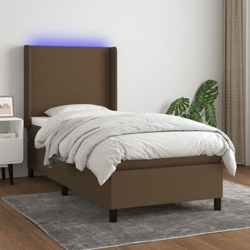 Ramsäng med madrass & LED mörkbrun 90x190 cm tyg