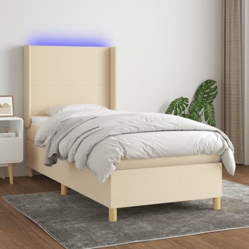 Ramsäng med madrass & LED gräddvit 90x200 cm tyg