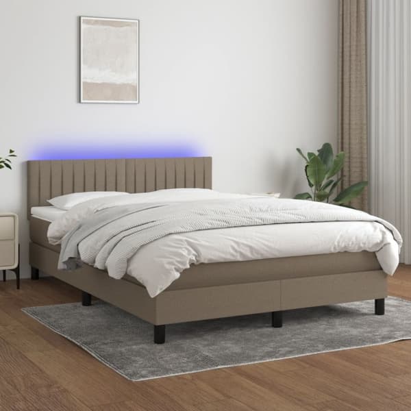 Ramsäng med madrass & LED taupe 140x200 cm tyg