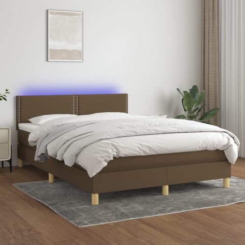 Ramsäng med madrass & LED mörkbrun 140x200 cm tyg