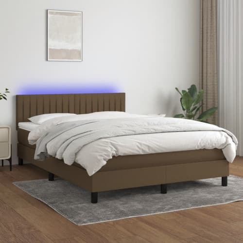Ramsäng med madrass & LED mörkbrun 140x190 cm tyg