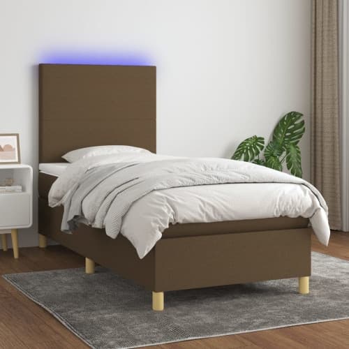 Ramsäng med madrass & LED mörkbrun 90x200 cm tyg