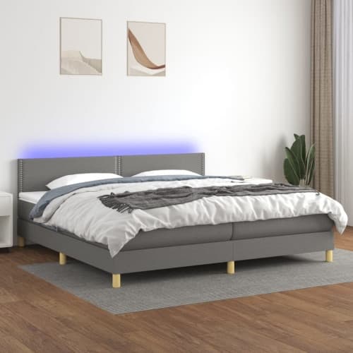 Ramsäng med madrass & LED mörkgrå 200x200 cm tyg
