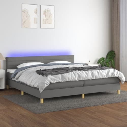 Ramsäng med madrass & LED mörkgrå 200x200 cm tyg