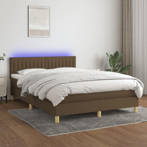 Ramsäng med madrass & LED mörkbrun 140x190 cm tyg