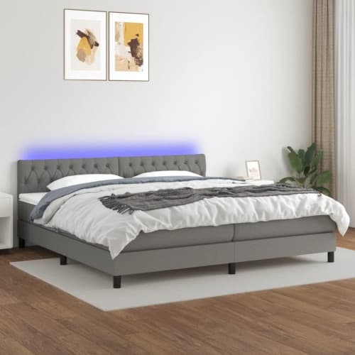 Ramsäng med madrass & LED mörkgrå 200x200 cm tyg