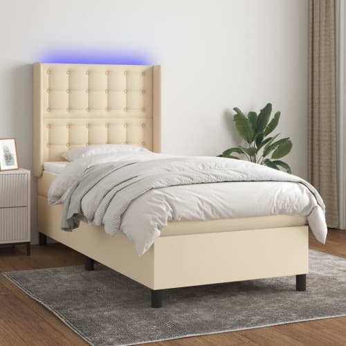 Ramsäng med madrass & LED gräddvit 90x200 cm tyg